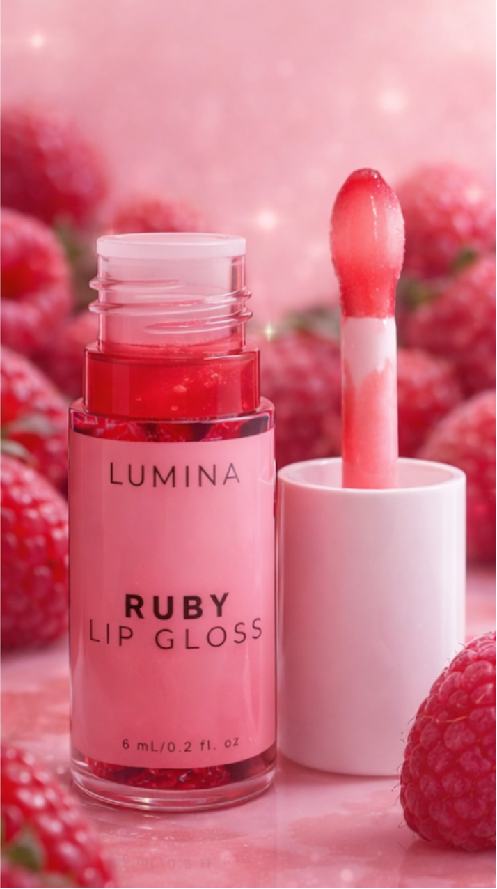 Lumina Ruby lip gloss with applicator on a pink background with raspberries