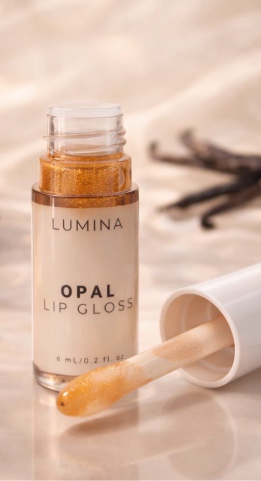 Lumina Opal Lip Gloss with applicator on a beige background