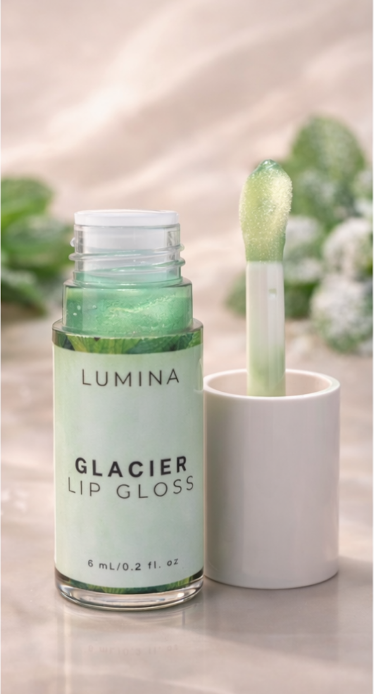 Lumina Glacier Lip Gloss with applicator on a neutral background
