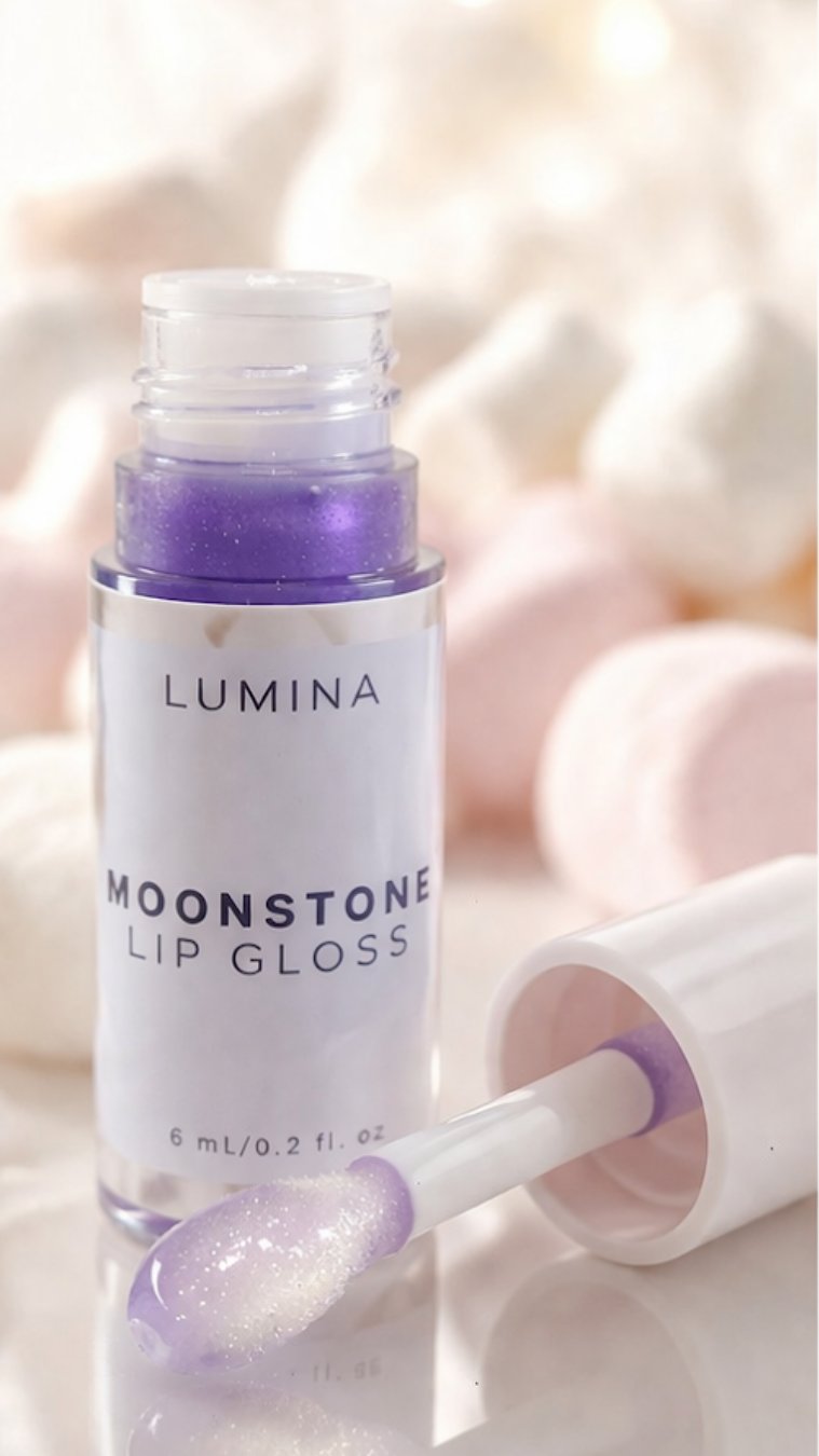 Lumina Moonstone lip gloss with applicator on a soft background