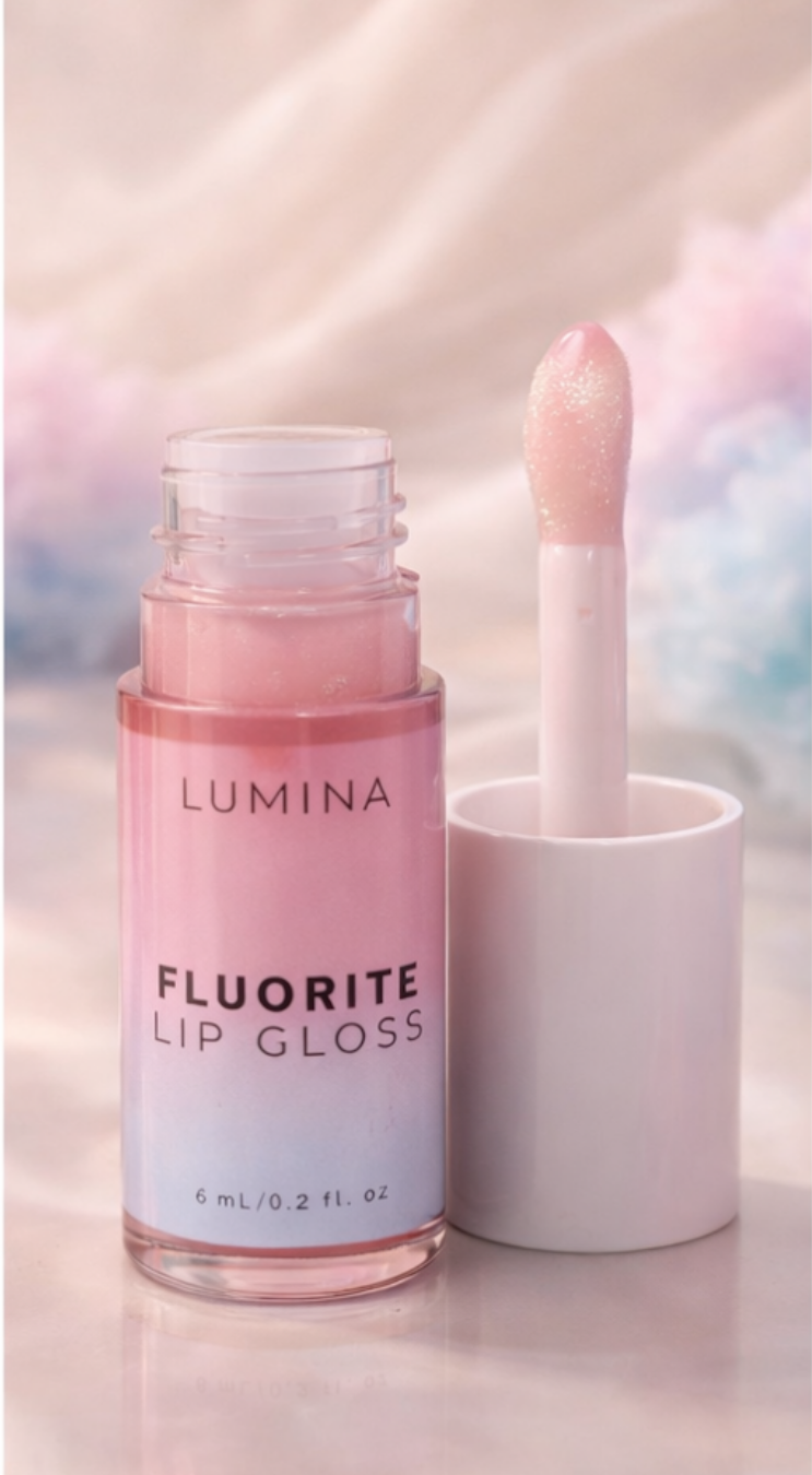 Lumina Fluorite Lip Gloss with applicator on a soft, blurred background